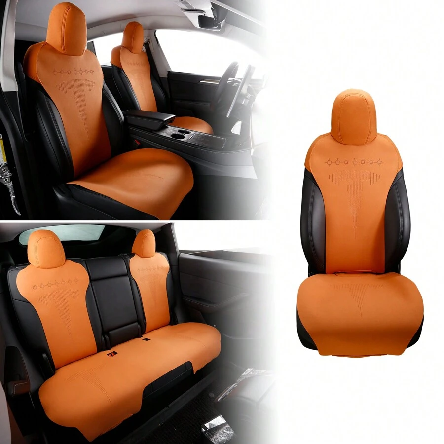 1Set Car Seat Covers Cushions Fit For 2017-2023 Tesla 3  V2 Style Front + Second Row Breathable Easy Clean Suede Leather Driver Seat Cushion Protector Cover Car Interior Accessories For Women Men - 橘色 - 查看 1