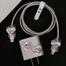 5pcs Silver Rhinestone Heart/Bow Design 20w Charger Protective Case - Silver - View 5