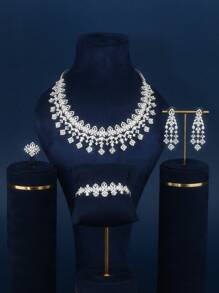 4 cái/bộ Tông màu bạc Đúng mốt Khối Zirconia  Sang trọng Lễ cưới Buổi tiệc Đồ trang sức , Bao gồm Dây chuyền , Hoa tai , Vòng tay , Và Nhẫn , Hoàn hảo Đối với Quý cô Yến tiệc Và Lễ cưới Mặc - Bạc - Xem 6