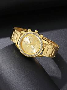 1入女士手錶金錶殼女士休閒商務石英手錶，鑲嵌蝴蝶裝飾和合金鋼帶 - 金色 - 查看 3