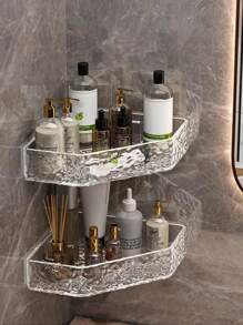 1pc Glacier Textured Wall Shelf For Bathroom; Corner Shower Caddy With No Drilling Required For Bathroom; Over-Toilet Storage Rack For Toilet; Makeup & Skincare Organizer For Washbasin; Wall-Mounted Storage Rack For Kitchen Home Bathroom Decor Bathroom Organizer Fall Decor Back To School Bathroom - Transparent White - View 3