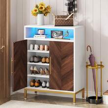 Tribesigns Shoe Cabinet With Doors And Shelves, 16 Pairs Entryway Shoe Storage Cabinet With Led Light, 5-Tier Free Standing Shoe Racks Storage Organizer For Closet, Living Room, Bedroom - 棕色和白色 - 查看 1