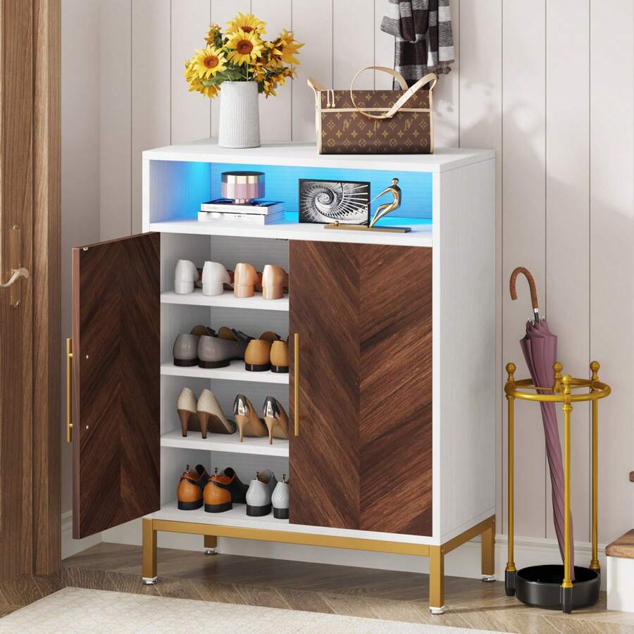 Tribesigns Shoe Cabinet With Doors And Shelves, 16 Pairs Entryway Shoe Storage Cabinet With Led Light, 5-Tier Free Standing Shoe Racks Storage Organizer For Closet, Living Room, Bedroom - 棕色和白色 - 查看 1