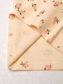 年輕女孩花卉印花秋裝睡衣套裝，帶蕾絲細節，適用於春秋季節 - 米色 - 查看 5