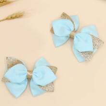 2入組/套長尾兒童髮夾,實色皮革閃亮織物蝴蝶結裝飾髮飾。完美的公主髮夾帶有可愛閃亮的絲帶,適用於女孩派對和禮物！ - 淺藍色 - 查看 1