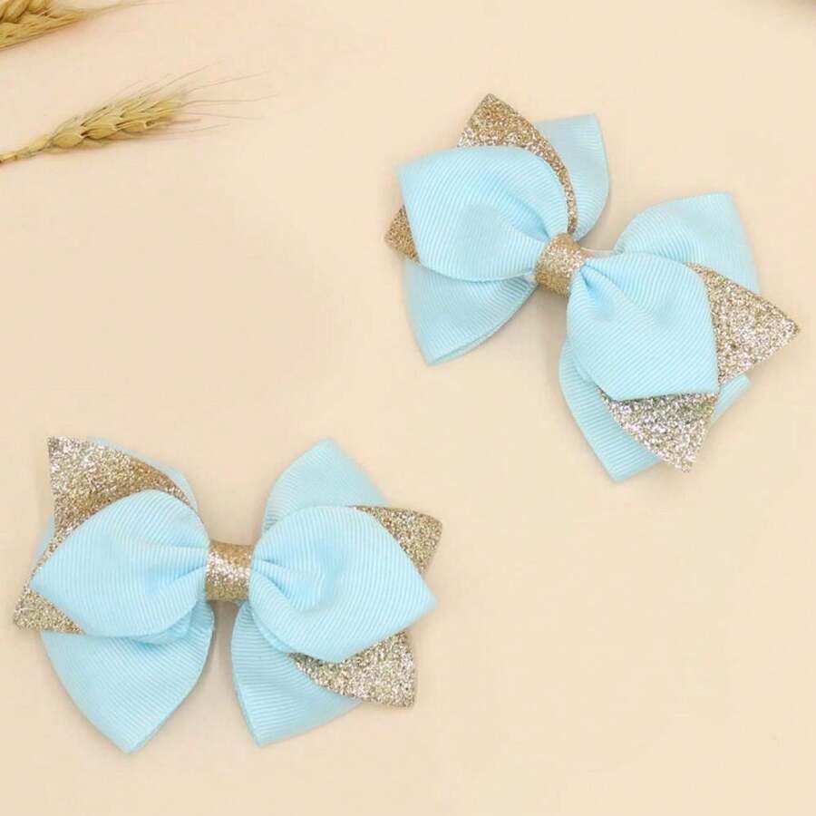 2入組/套長尾兒童髮夾,實色皮革閃亮織物蝴蝶結裝飾髮飾。完美的公主髮夾帶有可愛閃亮的絲帶,適用於女孩派對和禮物！ - 淺藍色 - 查看 1