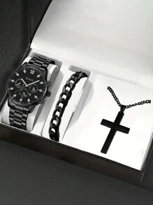 1入時尚男士日曆石英手錶+1入手鏈+1入吊墜項鍊男士商務不鏽鋼手錶