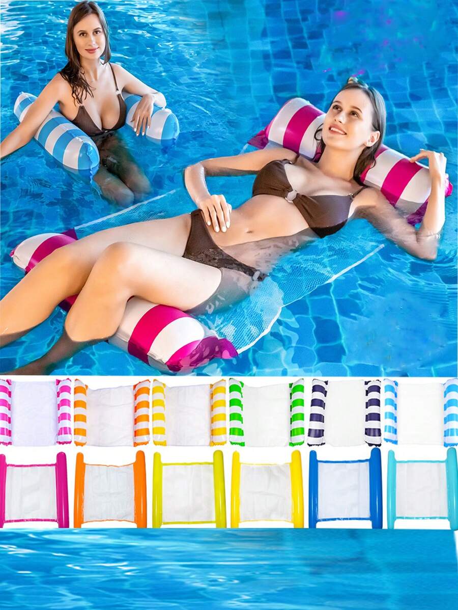 1pc Inflatable Water Floating Mat With Folding Lounger & Net Holder, Striped Water Hammock For Adult Water Activities Pool Float, Beach Essentials, Beach Accessories - Hot Pink - View 1