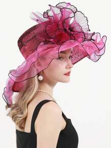 HIMESPORT 欧根纱迷人帽子 婚礼新娘茶会鸡尾酒会女士药盒帽 女士肯塔基德比帽 大号宽边软呢帽 带花朵 - 彩色 - 查看 9