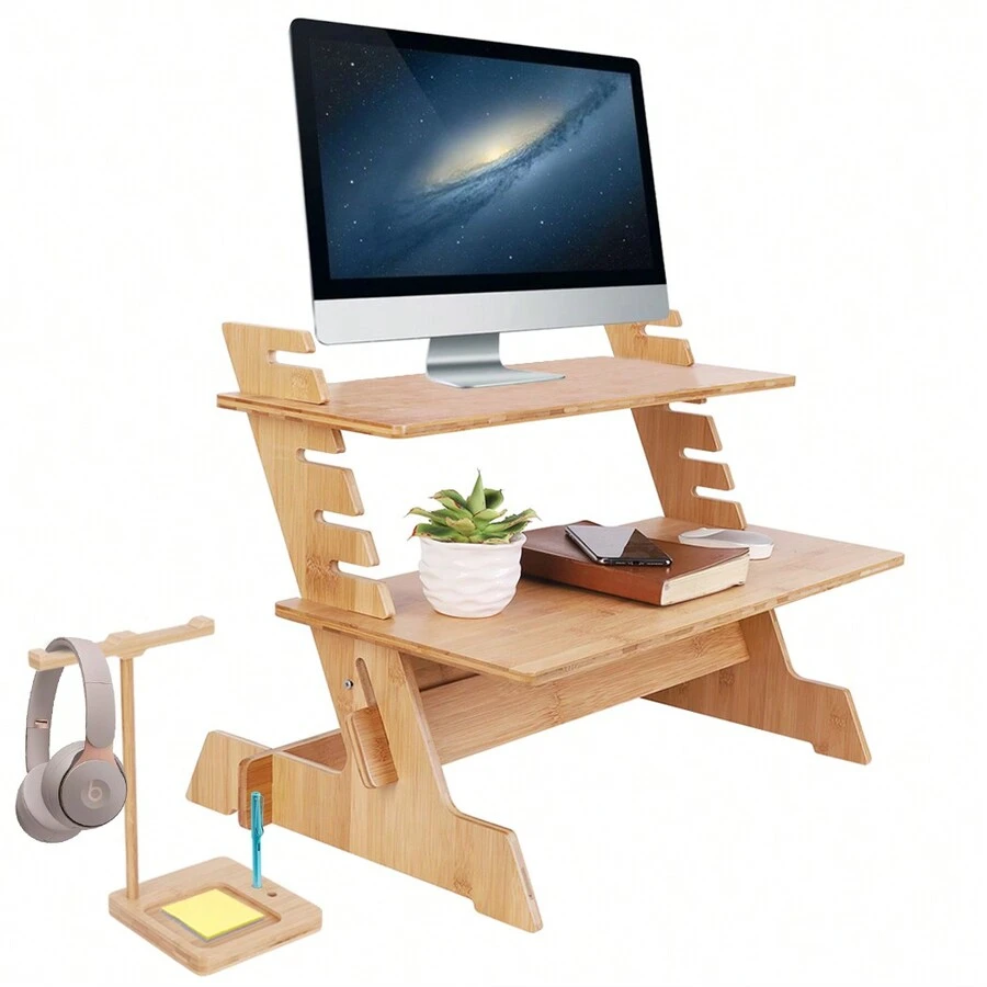 Bamboo Standing Monitor Stand Desk Convertor Riser For Monitor Adjustable Height Standup Desk Top Laptop Workstation With Phone Headset Holder - 天然竹子 - 查看 1