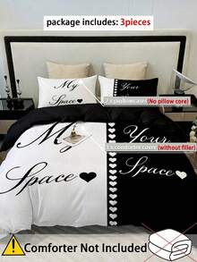 3入組夫婦款涤纶被套套装,字母印花床上用品套装,適用於卧室（1入組*被套+2入組*枕套,不包括枕芯） - 黑與白 - 查看 3