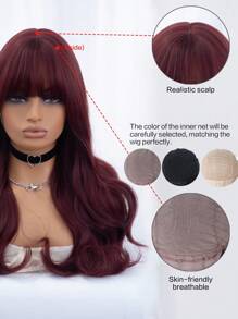 1-Piece Synthetic Heat Resistant Long Curly Wavy Hair With Bangs Wig  Red 24 Inch Fully Machine Woven Daily Natural Realistic Wig - Burgundy - View 8