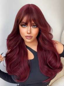 1-Piece Synthetic Heat Resistant Long Curly Wavy Hair With Bangs Wig  Red 24 Inch Fully Machine Woven Daily Natural Realistic Wig - Burgundy - View 2