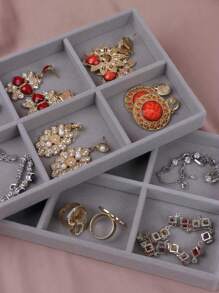 1pc Gray Jewelry Display Tray With 6 Compartments And Velvet Cover For Rings, Earrings, Bracelets, Necklaces And Other Accessories Back To School - Grey - View 5