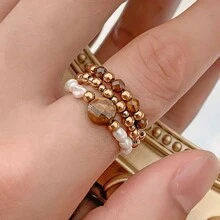 Juego de 3 anillos de mujer con piedras naturales y perlas falsas, de acero inoxidable minimalista de alta gama, apropiado para uso diario, vacaciones, boda y fiesta