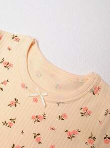 年輕女孩花卉印花秋裝睡衣套裝，帶蕾絲細節，適用於春秋季節 - 米色 - 查看 3