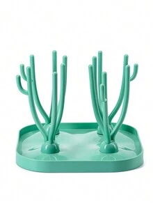 1pc Coral Tree Style Baby Bottle Drying Rack With Drainer, Storage Box For Baby Bottles - Green - View 3