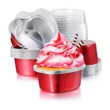 20pcs Valentine's Day Aluminum Foil Cake Heart Shaped Cupcake Cup With Lids Wedding Anniversary Party Bakery - Red - View 5