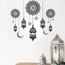 1pc Moon & Star Theme Pvc Wall Sticker, Festival Home Living Room Bedroom Background Self-Adhesive Decorative Paper - Black - View 4