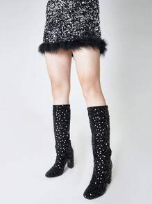 Metallic Shiny Women GO GO Boots Bling Sparkly Sequin Pull On Chunky High Heels Mid Calf Party Nightclub Disco Halloween Party Shoes - 黑色 - 查看 6