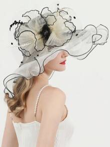 HIMESPORT 欧根纱迷人帽子 婚礼新娘茶会鸡尾酒会女士药盒帽 女士肯塔基德比帽 大号宽边软呢帽 带花朵 - 彩色 - 查看 6