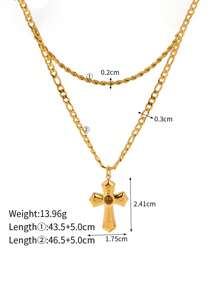 Uworld 1 件 18k 鍍金不鏽鋼螺紋液態質感折疊十字琥珀雙層項鍊