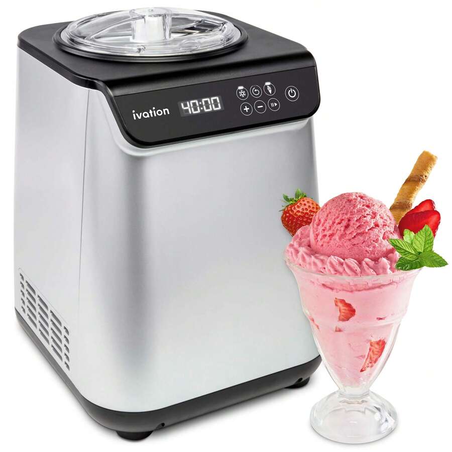 Ivation Automatic Ice Cream Maker Machine, No Pre-Freezing Necessary With Built-In Compressor, Stainless Steel Gelato Maker, LCD Screen, Digital Timer, Removable Bowl, Clear Lid, Scoop, Spade, Measuring Cup, Recipe Book Included - Silver - View 1