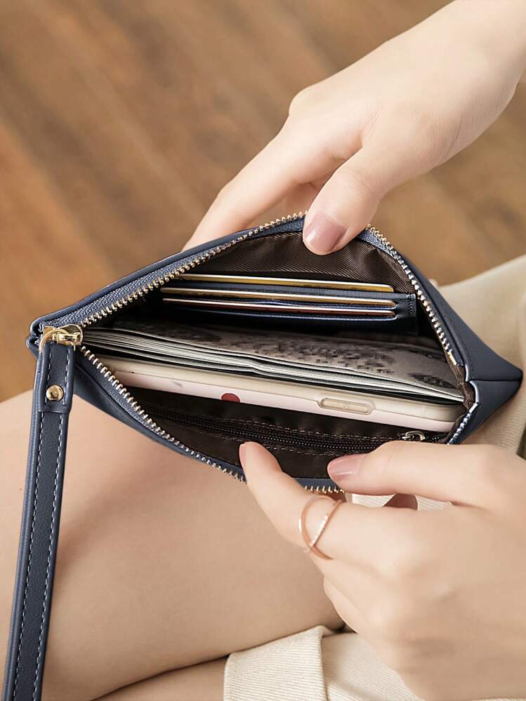 MIYIN Letter Pattern Phone Wallet, Women's Fashion Zipper Wallet With Card Slots, Minimalist Solid Color Faux Leather Super Thin Wallet, Lightweight Modern Business Credit Card ID Cash Wallet, Business Casual, Teacher's Day Gift, Work, Commute, Travel, Holiday, Office, Anniversary, Birthday Gift, Valentine's Day Gift, Gift For Women, Gift For Female White-Collar Workers (Navy Blue), Women's Wallet, Handbag, Long Wallet, Wristlet - Navy Blue - View 3