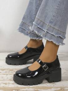 Mary Jane女式夏季薄款鞋，厚底，法式高跟鞋，日式JK風鞋，適合搭配裙子 - 黑色亮光 - 查看 3