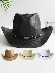 1個牛頭裝飾無性別牛仔帽博霍牛仔帽遮陽帽草帽戶外穿著 - 多色2 - 查看 8