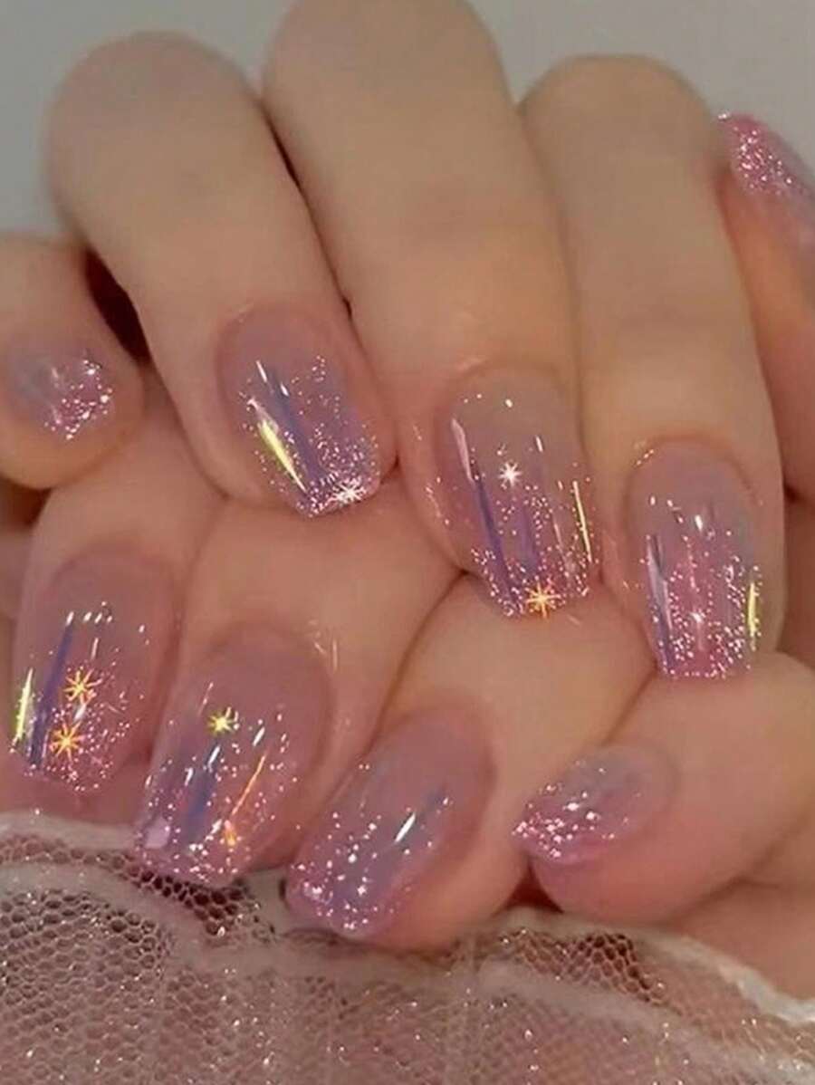 24入組長棺形煙火設計粉色彩虹光指甲藝術設計套裝，全覆式指甲片，適用於派對、舞會、日常裝飾假指甲鎖具供應