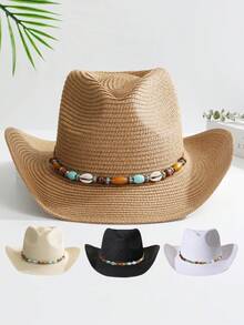 1個牛頭裝飾無性別牛仔帽博霍牛仔帽遮陽帽草帽戶外穿著 - 多色2 - 查看 11