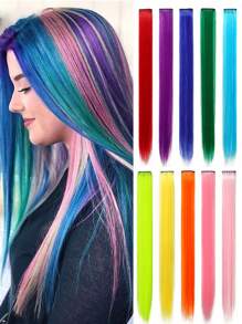 10 Pcs Multi-Color Colorful Clip-In Hair Extensions For Women Straight Hair Pieces In Highlight Shades Perfect For Daily Wear, Parties, Costumes, And Cosplay Girls Princess Party Highlight Colorful Straight Hair Extensions For Girls 22 Inch - Multicolor - View 1