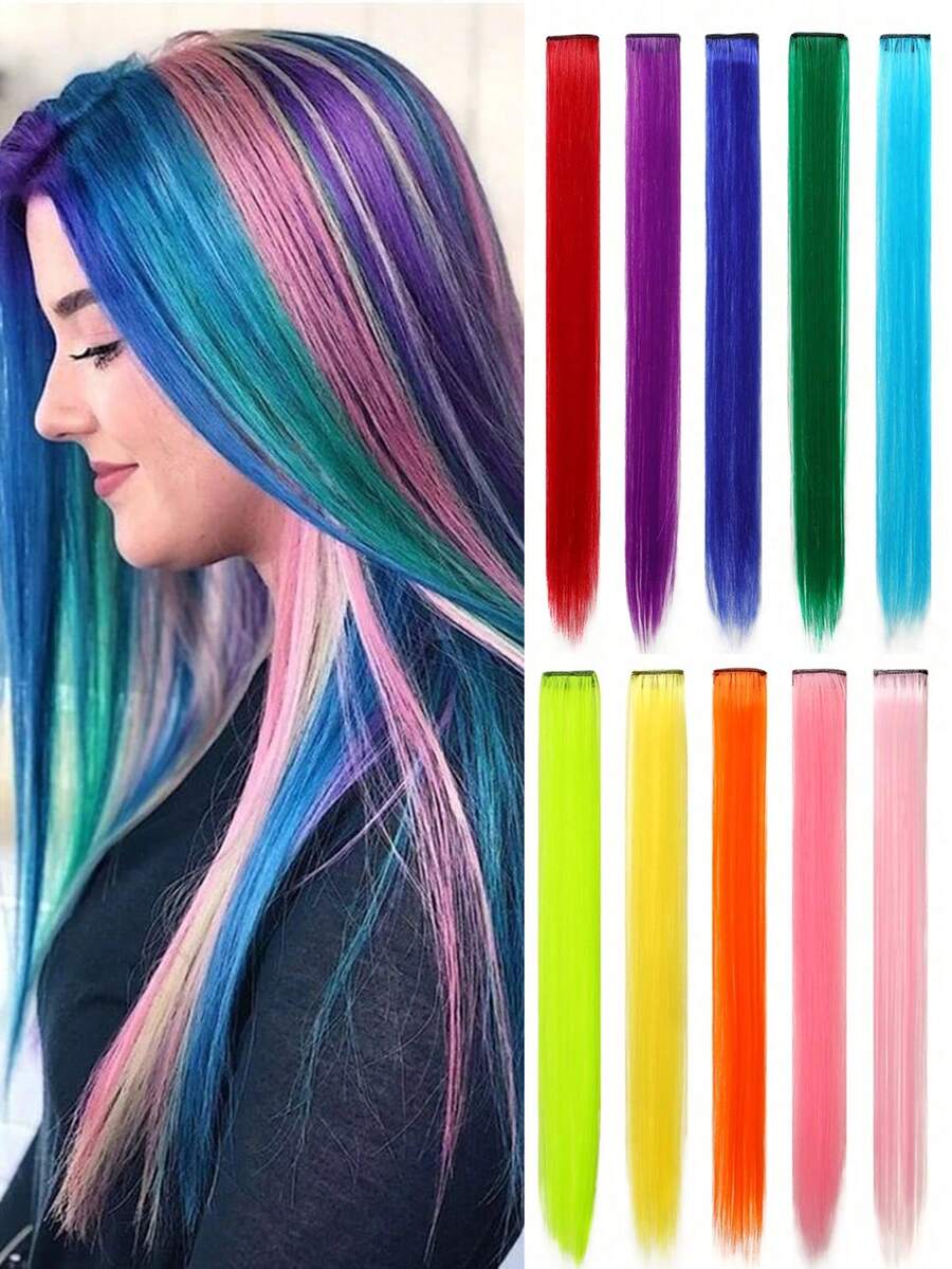 10 Pcs Multi-Color Colorful Clip-In Hair Extensions For Women Straight Hair Pieces In Highlight Shades Perfect For Daily Wear, Parties, Costumes, And Cosplay Girls Princess Party Highlight Colorful Straight Hair Extensions For Girls 22 Inch - Multicolor - View 1