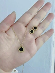 Bộ 3 dây chuyền và hoa tai La Mã, Dây chuyền và hoa tai bằng thép titan mạ vàng, Quà tặng trang sức thời trang cho bạn bè và người có sức ảnh hưởng - Bông tai + vòng cổ La Mã - Xem 3
