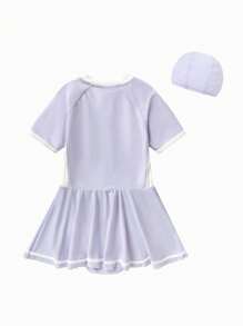 Balabala 青少年女孩連體泳裝套裝，帶帽子，夏季時尚泳裝 - 淡紫色 - 查看 5