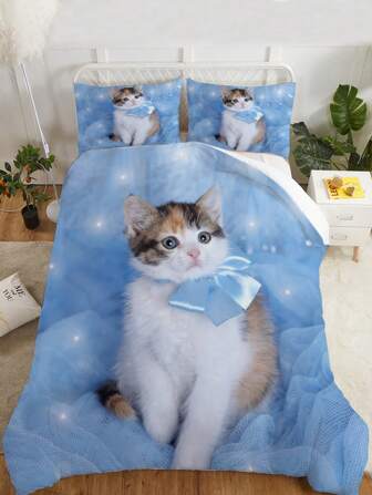 3pcs Cat Duvet Cover Pet Cat Pattern Bedding Set Cute Kitten Printed Quilt Cover For Boys Girls Teenagers 3D Animal Themed Bedspread Cat Lover Gift Full Size 1 Duvet Cover With 2 Pillow Cases, Without Core