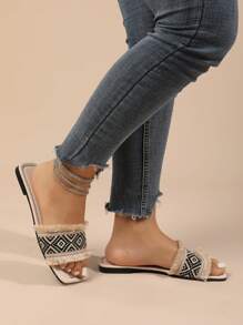 Damen Große Größen Sommer Leder gewebte quadratische Spitze flache Sandale Schlüpfen Schuhe, weiße Farbe, modisch zu Kleidern zu tragen, für Party - Schwarz - Übersicht 4