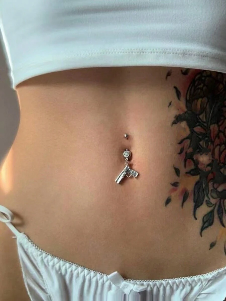 1pc Sweet & Cool Girl Gun Belly Button Ring With Rhinestone, Unique Stainless Steel Navel Piercing Jewelry - Silver - View 1