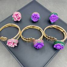 2pcs/Set Women's Decorative Handmade Soft Pottery Flower Bracelet And Ring Set With Green Crystal & Czech Diamond, Vintage Bronze Inlay, Fashionable &