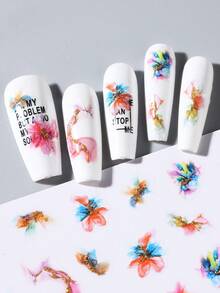 FULL BEAUTY 2入組墨紫色開花花朵指甲貼紙和貼紙,閃閃發光粉紅色大理石線條抽象魅力畫貼紙裝飾美甲