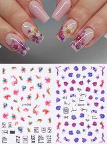 FULL BEAUTY 2入組墨紫色開花花朵指甲貼紙和貼紙,閃閃發光粉紅色大理石線條抽象魅力畫貼紙裝飾美甲