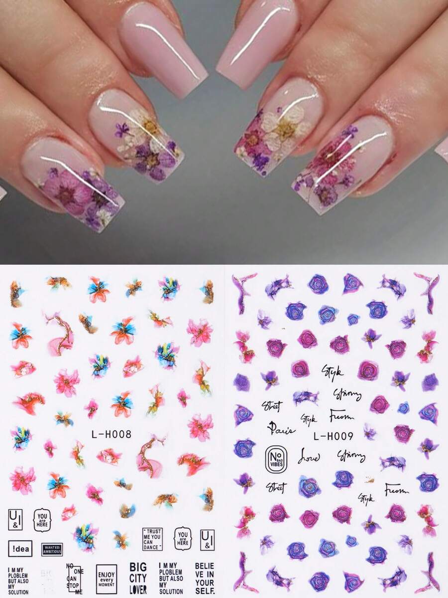 FULL BEAUTY 2入組墨紫色開花花朵指甲貼紙和貼紙,閃閃發光粉紅色大理石線條抽象魅力畫貼紙裝飾美甲