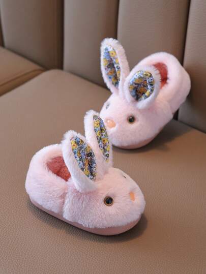 1pair Rabbit Style Children Slippers For Winter, Girls' Cartoon Indoor House Shoes, Warm Anti-Skid Slippers