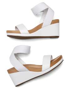 Women's Black Slip On Open Toe Elastic Ankle Strap Platform Comfortable Commuting  Wedge Sandals - White - View 9