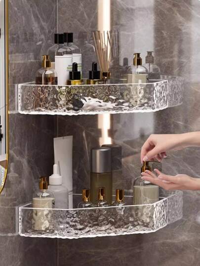 1 pieza Estantería de pared con textura de glaciar para baño; Cesta de ducha de esquina sin necesidad de perforación para baño; Estantería sobre el inodoro para el inodoro; Organizador de maquillaje y cuidado de la piel para el lavabo; Estantería montada en la pared para decoración del hogar y baño, organizador de baño, decoración de otoño, vuelta al colegio