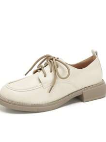 2024 Hàng Mới Về Giày Da Nữ Nhỏ Buộc Dây, Giày Đế Dày Đế Thấp Phong Cách Anh Quốc, Giày Công Sở Đế Mềm Thoải Mái Có Thể Đứng Trong Thời Gian Dài - Màu be - Xem 8