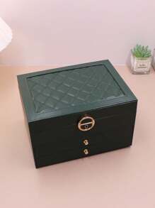 1pc Multifunctional Tri-Layer Rhombic Pattern Pu Jewelry Box With Large Capacity For Women's Jewelry Storage At Home