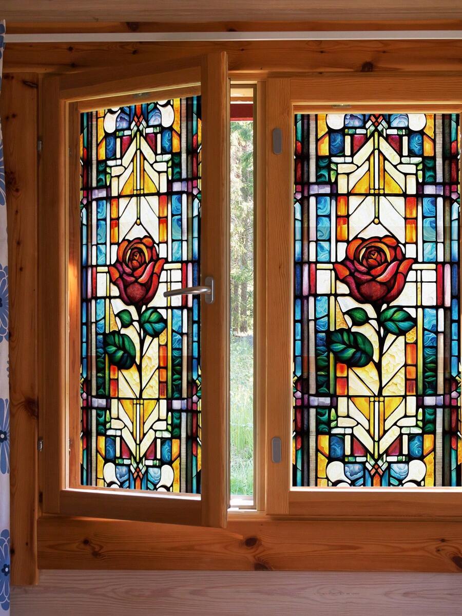 1 Stück Retro Mattierte Bunte Rosen Dekoration Statische Haftfolie Für Fenster, Ohne Klebstoff, Halbtransparent, Hitzeisolierung, Sonnenschutz, Geeignet Für Zuhause, Badezimmertür, 3d Bunte Glasfolie, Glassticker