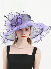 HIMESPORT 欧根纱迷人帽子 婚礼新娘茶会鸡尾酒会女士药盒帽 女士肯塔基德比帽 大号宽边软呢帽 带花朵 - 彩色 - 查看 14